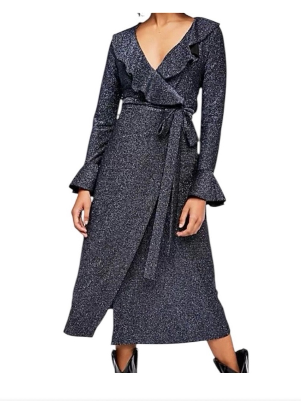 Free People One More Time Lurex Shimmer Wrap Midi Dress Navy S NWT